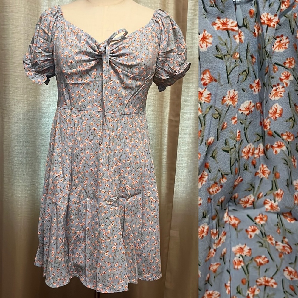 Blue Pink Floral Puff Sleeve Sundress Mini Sweetheart Neckline Womens Large